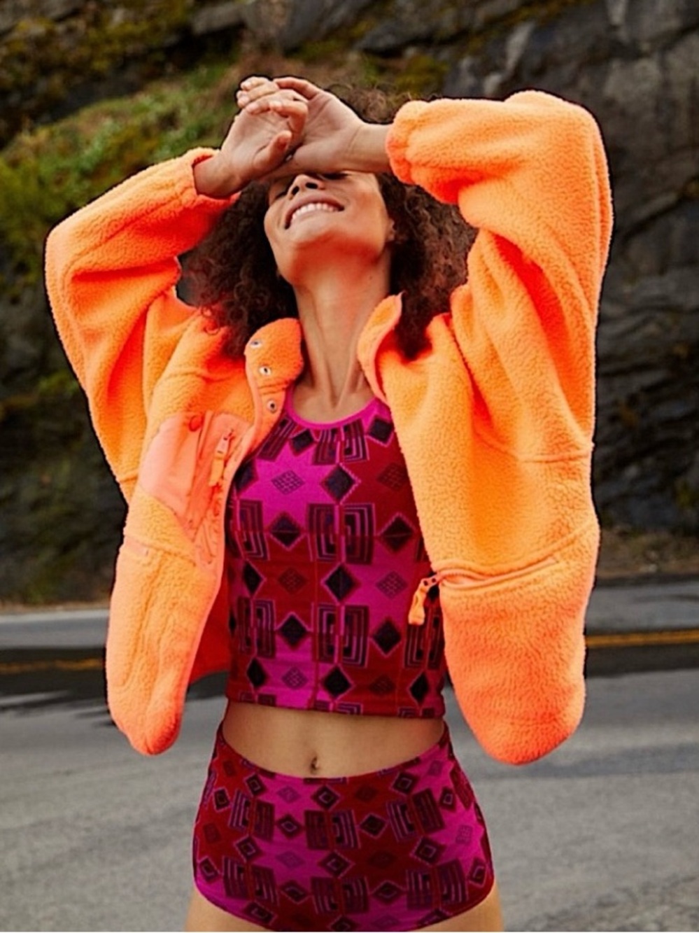 FP Movement Point Break Jacquard Crop Top M/L Black Pink Compressive NWOT